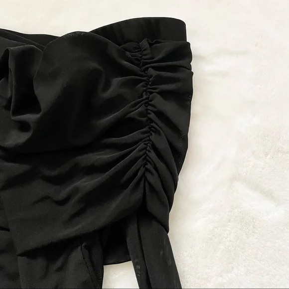 Lulu's Black Mesh Ruched Off-the-Shoulder Bodysuit, S - Picture 11 of 13